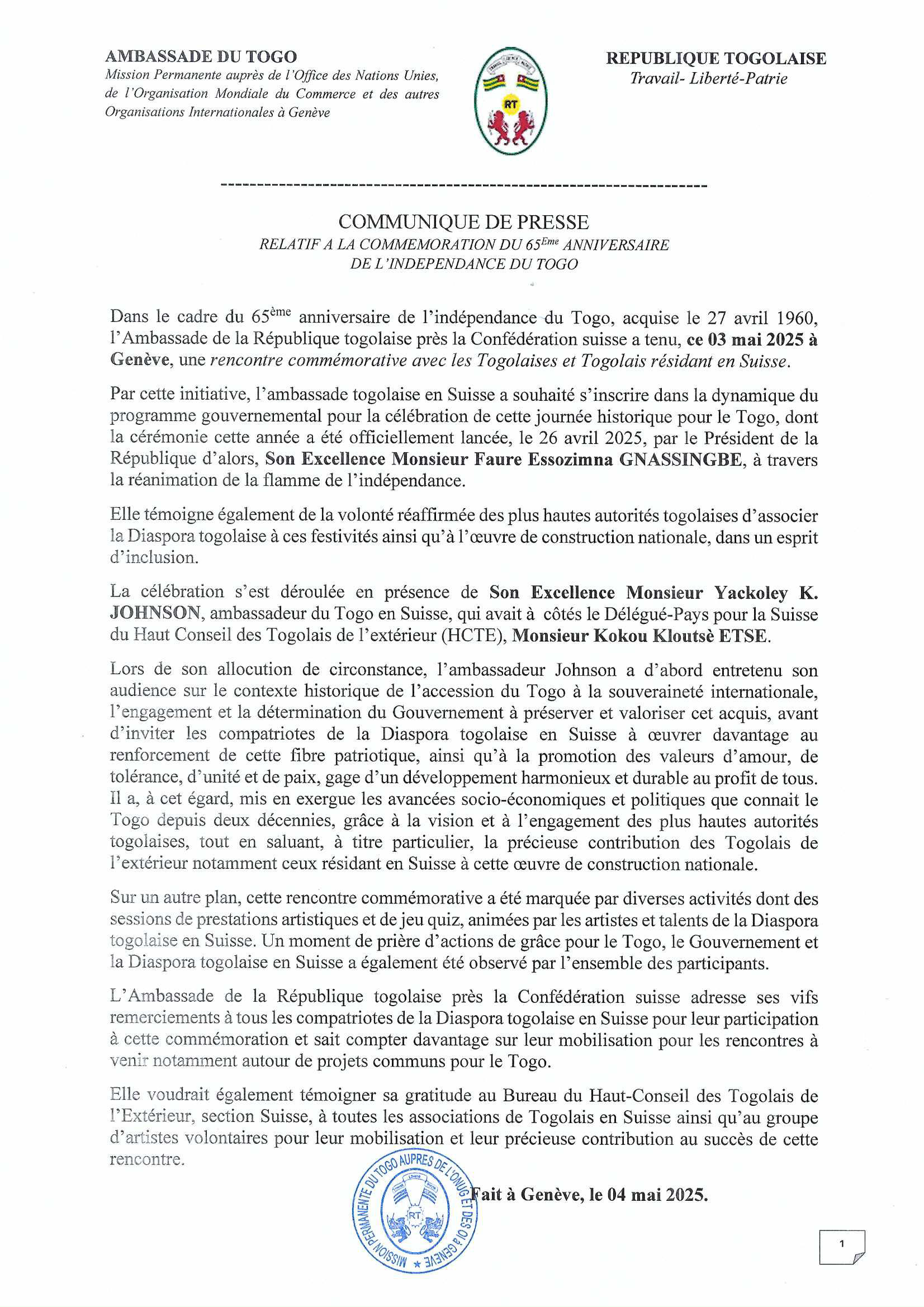 Communiqué de presse relatif à la commémoration du 65ème anniversaire de l'indépendance du Togo
